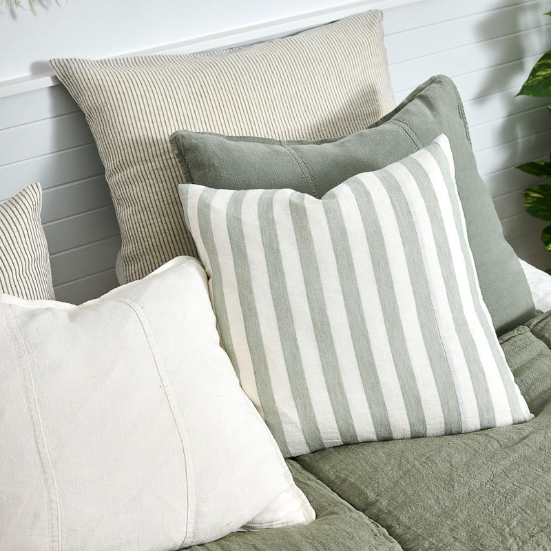 Santi Outdoor Linen Cushion - White|Pistachio Stripe